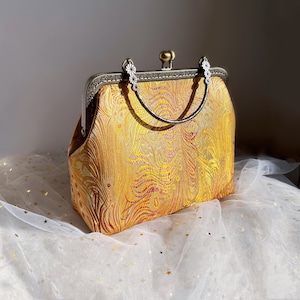 Yellow shoulder bag, gold evening bag, bag with handle, hand-sewn oriental image 1