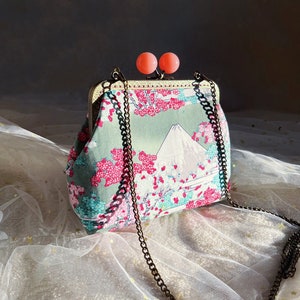Japanese mini bag, handmade cotton bag, colored clutch, pink object holder, fugi pattern