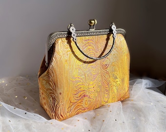 Yellow shoulder bag, gold evening bag, bag with handle, hand-sewn oriental