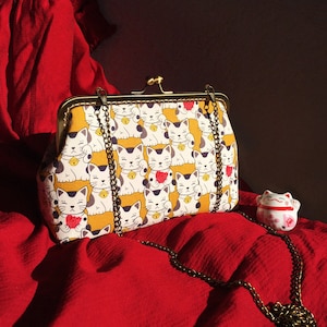 Sac japonais, pochette japonaise, pochette jaune, sac bandoulière japonais, coton motif chats japonais cousu main