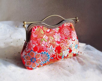 Bolso de hombro, bolso click clack, bolso de noche rojo, cosido a mano en tela de seda, flor japonesa