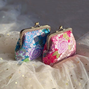 Monedero de peonía, monedero de seda, porta objetos rosa azul, hecho a mano con telas bordadas, flor china
