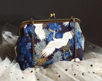 Japanese bag, Japanese clutch, blue clutch, Japanese shoulder bag, hand sewn Japanese crane fantasy cotton