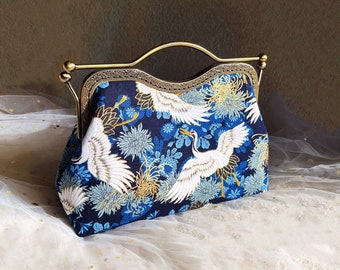 Japanese shoulder bag, crane pattern, dark blue bag, hand sewn cotton, evening bag