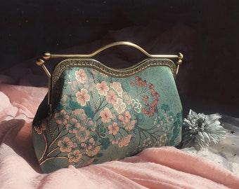 Bolso verde, bolso de hombro, bolso de noche, estampado de flores japonesas