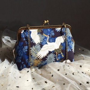 Bolso japonés, clutch japonés, clutch azul, bolso de hombro japonés, fantasía de grulla japonesa de algodón cosida a mano