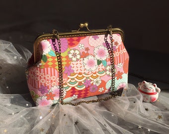 Pink Japanese clutch, Japanese clutch, shoulder bag, hand stitched with Japanese cherry blossom pattern,Japanese style