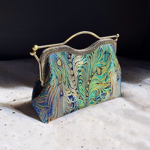 Bolso de hombro verde azulado, bolso de plumas de pavo real verde, bolso de noche, hecho a mano en estilo oriental, bolso de boda.