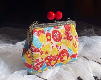 Mini Chinese bag, handmade cotton bag, colored clutch, red storage, spring rabbit pattern