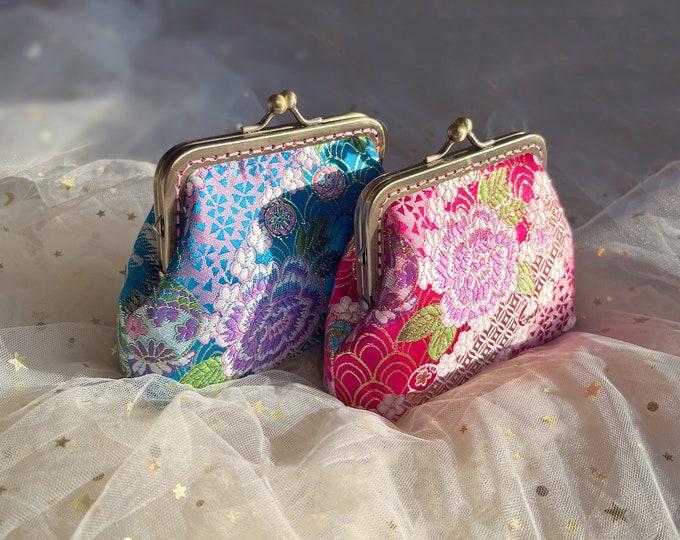 Peony coin purse, silk purse, pink blue object holder, handmade with embroidered fabrics, Chinese flower
