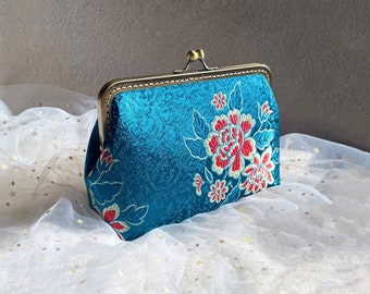 Clutch, blue clutch, evening bag, handmade evening handbag, with oriental flower print