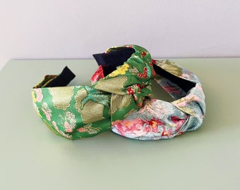 Cerceaux à cheveux, vert, bandeau argenté, en tissu de soie brodé, style japonais