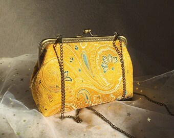 Yellow clutch, Chinese flower, yellow clutch, shoulder bag, handmade in Chinese fabric, gold bag