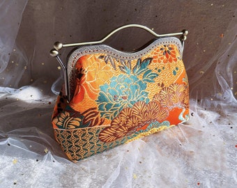 Shoulder bag, click clack bag, orange evening bag, hand sewn in silk fabric, peony flower