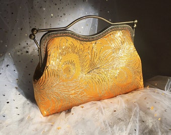 Yellow gold crossbody bag,,evening bag,embroidered silk bag,hand sewn into embroidered fabric,peacock feather pattern