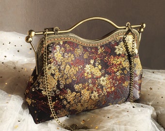 Bronze Handbag,Shoulder Bag,Black Gold Evening Bag Chinese Flower