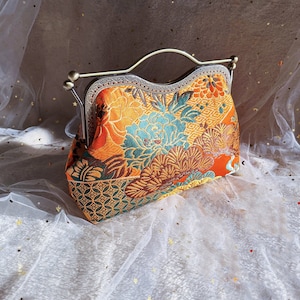 Shoulder bag, click clack bag, orange evening bag, hand sewn in silk fabric, peony flower