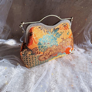 Shoulder bag, click clack bag, orange evening bag, hand sewn in silk fabric, peony flower image 1