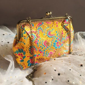 Yellow clutch, peacock feather pattern, yellow clutch, shoulder bag, handmade in Chinese embroidered silk fabric image 1