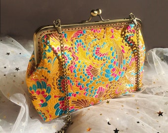 Clutch amarillo, estampado de plumas de pavo real, clutch amarillo, bolso de hombro, hecho a mano en tela de seda bordada china