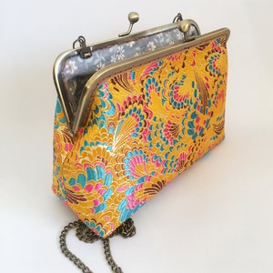 Yellow clutch, peacock feather pattern, yellow clutch, shoulder bag, handmade in Chinese embroidered silk fabric image 6