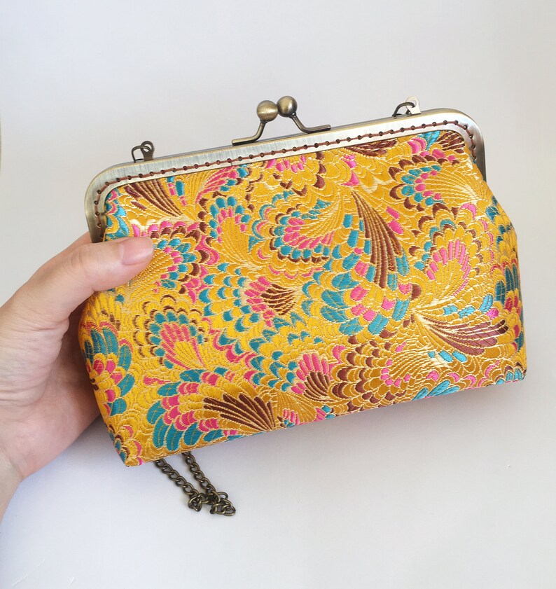 Yellow clutch, peacock feather pattern, yellow clutch, shoulder bag, handmade in Chinese embroidered silk fabric image 4