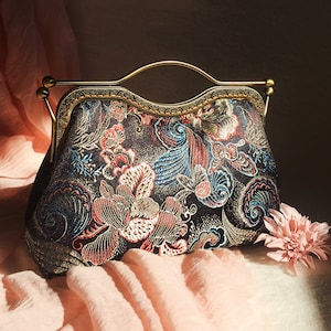 Silk shoulder bag, black evening bag, hand-stitched silk fabric embroidered pattern traditional Chinese original Chinese peony image 1