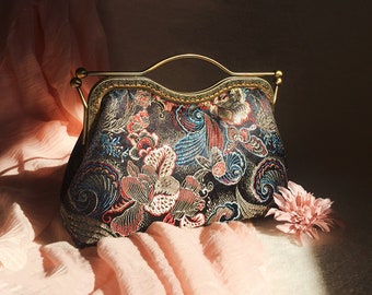 Silk shoulder bag, black evening bag, hand-stitched silk fabric embroidered pattern traditional Chinese original Chinese peony