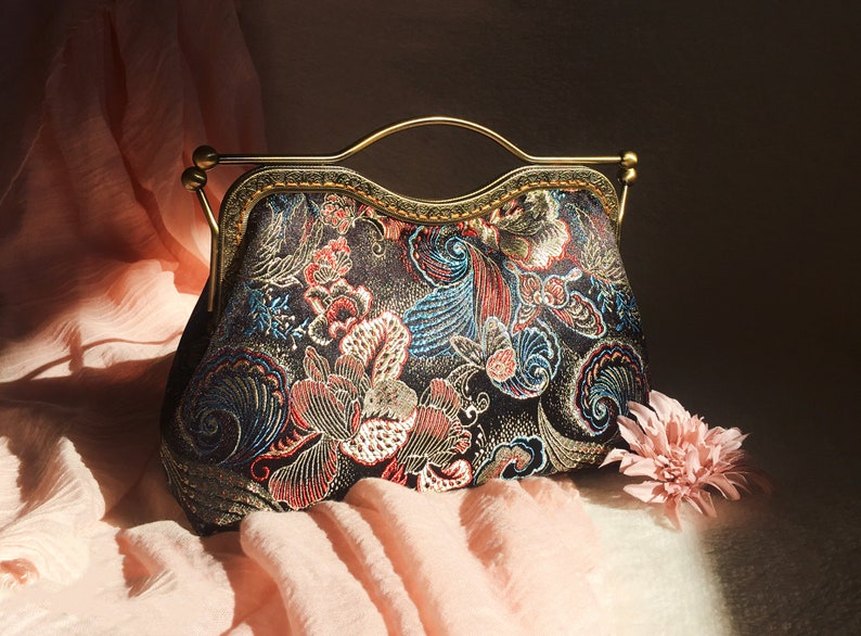 Silk shoulder bag, black evening bag, hand-stitched silk fabric embroidered pattern traditional Chinese original Chinese peony image 1
