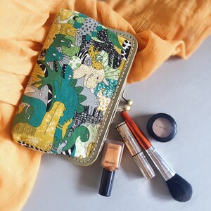 Green pencil case - pen holder bag tricks - green wallet - Japanese dinosaur clutch - Japanese fabric glasses holder