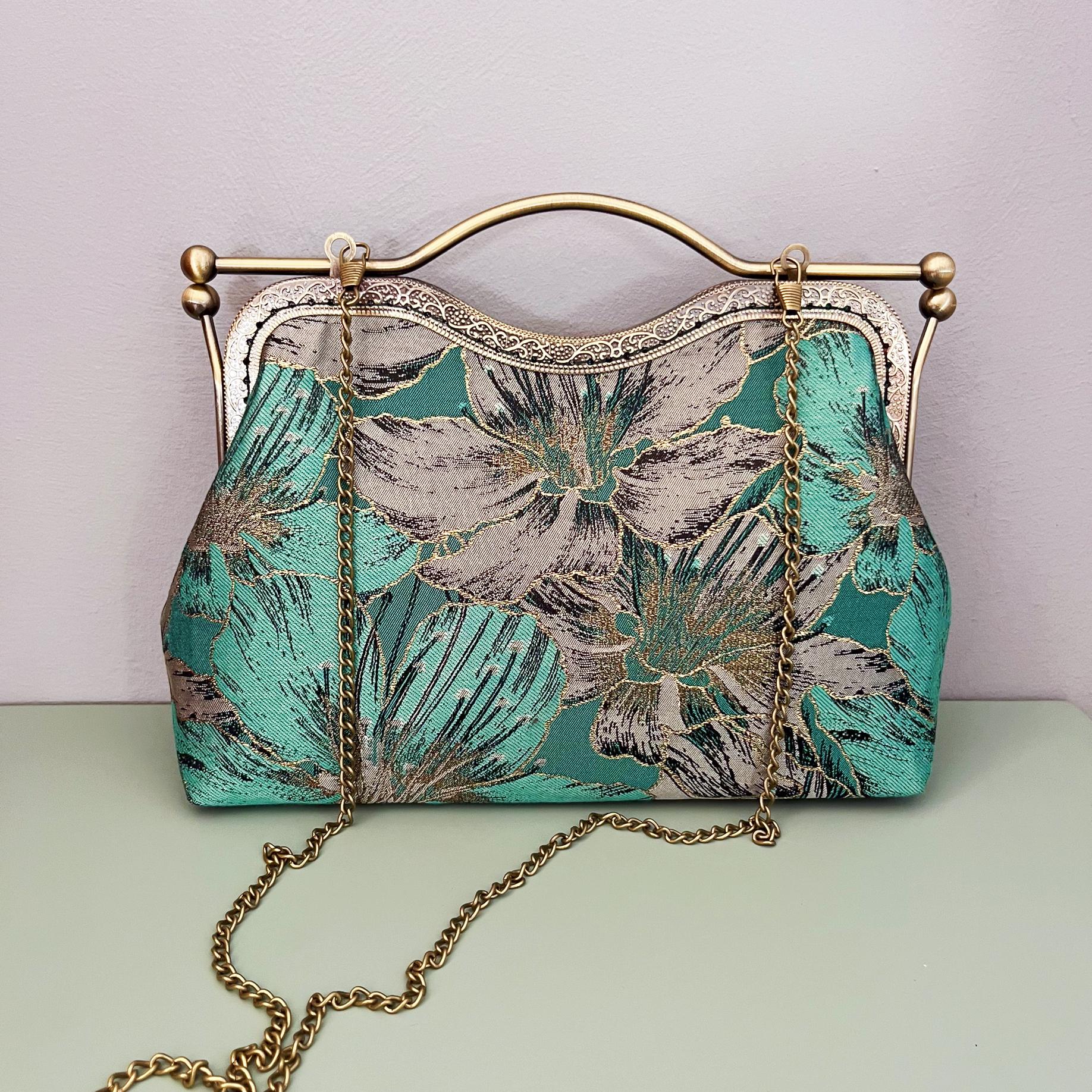 Gold Green Handbag, Flower Bag, Shoulder Bag, Green Evening