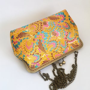 Yellow clutch, peacock feather pattern, yellow clutch, shoulder bag, handmade in Chinese embroidered silk fabric image 3