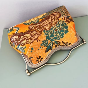 Shoulder bag, click clack bag, orange evening bag, hand sewn in silk fabric, peony flower image 3