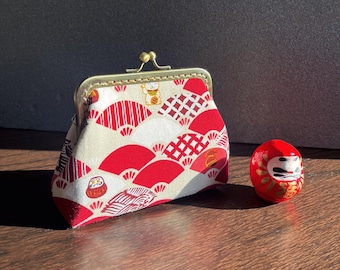 Red wallet, Japanese coin purse, Japanese wallet, in fan-print cotton fabric, Japanese purse. Cotton purse.