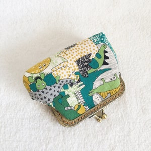 Dinosaur purse,Japanese wallet,Japanese purse,Hand sewn in dinosaur patterned cotton fabric Green