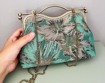 コルドベス&ケース&お花のセット Gold Green Handbag, Flower Bag, Shoulder Bag, Green Evening