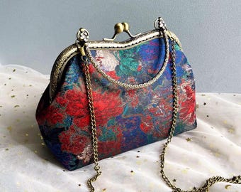 Silk bag,wedding bag,red blue woman bag,cross body bad,Japanese bag,flower bag,clic clac bag,red evening bag,small silk bag,elegant bag