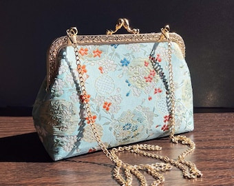 Gold blue clutch, shoulder bag, women's bag, blue blue bag, handmade with silk fabrics, flower pattern, ceremony bag.