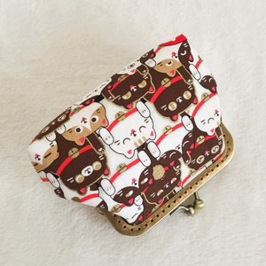 Cotton wallet, Japanese purse, Japanese wallet, lucky cat and panda print cotton fabric Brown