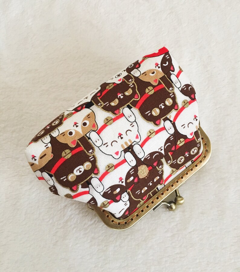Cotton wallet, Japanese purse, Japanese wallet, lucky cat and panda print cotton fabric Brown