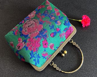 Green purple bag, Clutch Bag, shoulder bag, evening bag, bag with gold handle, Japanese flower bag, flower peony bag, wedding bag.Silk bag