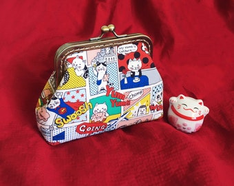 Red yellow wallet, Japanese purse, Japanese wallet, in cartoon cat print cotton fabric