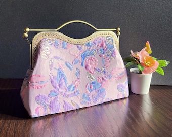Pink purple bag, pink purple evening bag, flower pattern, formal bag, embroidered silk fabric, silk clutch, elegant bag