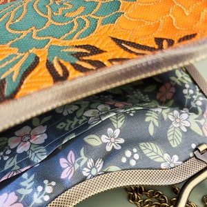 Shoulder bag, click clack bag, orange evening bag, hand sewn in silk fabric, peony flower image 5