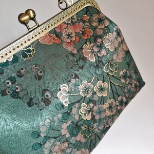 Clutch bag Shoulder bag green pink evening bag handmade, japanese flower image 3