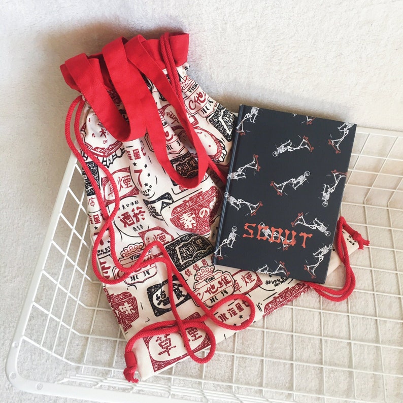 Red backpack,Japanese tote bag,shopping bag,Drawstring bag,Tote bag,cotton and canvas oriental pattern print closure with drawstring