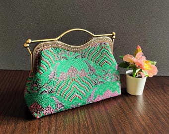Green shoulder bag,Green evening bag, handmade in Chinese fabric,green clutch,wedding bag,silk bag,pink green bag,silk evening bag