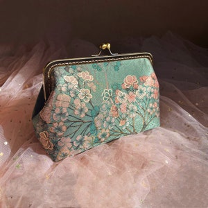 Pochette, pochette verte, sac de soirée, sac à main de soirée fait main, avec imprimé fleurs orientales