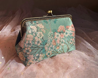 Clutch, green clutch, evening bag, handmade evening handbag, with oriental flower print