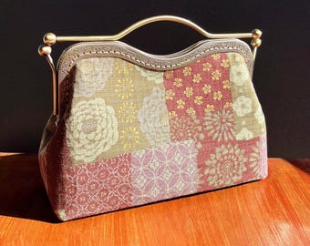 Handmade Japanese cotton fabric bag, green evening bag, Kimono purse with metal top handle, Japanese Wafuku style patchwork clasp purse